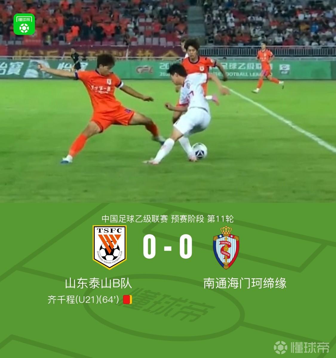 十人泰山B队0-0南通海门珂缔缘，齐千程染红